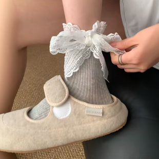 蕾絲花邊襪子女夏季 灰色中筒襪芭蕾風蝴蝶結襪子堆堆襪網眼襪 薄款