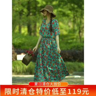 印花V領(lǐng)系帶大擺長裙 大碼 素心自制民族風連衣裙夏季 包郵 翠萱