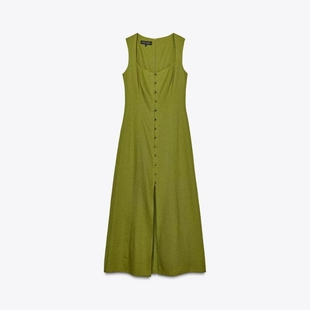 ZA外貿出口新品 飾方領亞麻迷笛連衣裙女6962029 休閑度假風排扣裝