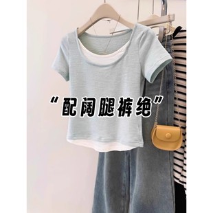 T恤女夏季 假兩件短款 韓版 打底衫 正肩上衣 修身 chic甜辣別致短袖