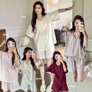 短褲 短袖 睡衣女簡約純色日系小V領涼皮家居服 新款 JIEAINA夏季