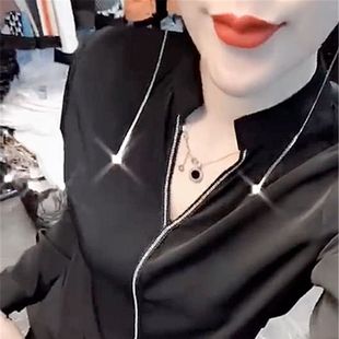 歐貨氣質黑白雪紡V領長袖 打底衫 襯衫 小衫 上衣女 女時尚 歐洲站新款