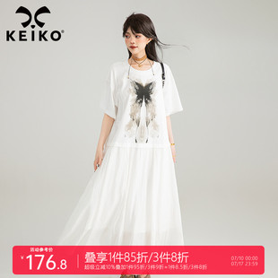 KEIKO氣質(zhì)拼接薄紗擺白色中長(zhǎng)款 簡(jiǎn)約氣質(zhì)蝴蝶印花A字裙 連衣裙夏季