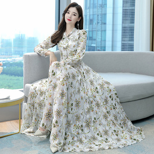 2025春秋女長袖 連衣裙提花超仙收腰沙灘大擺蝴蝶結超長裙時尚