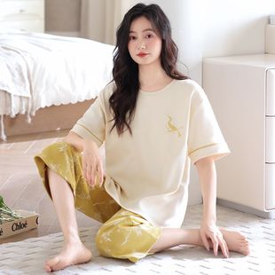 純棉短袖 薄款 七分褲 夏款 家居服可外穿 2025新款 全棉大碼 睡衣女夏季