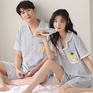開衫 情侶睡衣夏季 男新款 女甜美花邊格子薄款 家居服可外穿 純棉短袖