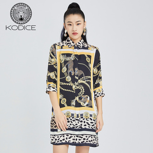 側開叉雪紡襯衫 撞色印花翻領九分袖 連衣裙子 春夏新款 KODICE女裝