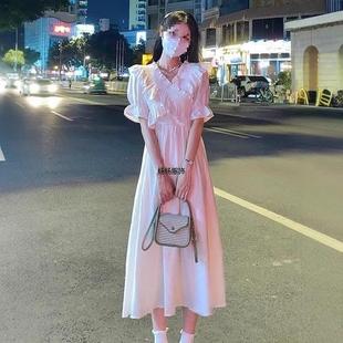 新款 法式 2025夏季 連衣裙女夏裝 高腰設計感小眾長裙子 氣質v領短袖