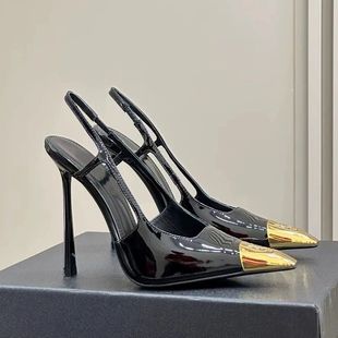 后空單鞋 2025年春夏新款 氣質漆皮細跟女鞋 包頭涼鞋 金屬方頭高跟鞋
