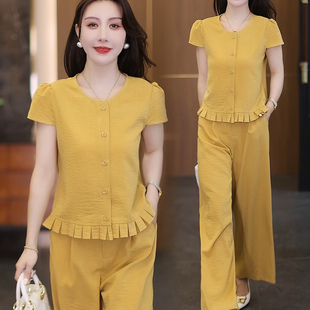 氣質套裝 上衣闊腿褲 女2025夏季 洋氣顯瘦花邊短袖 兩件套潮 新款 時尚