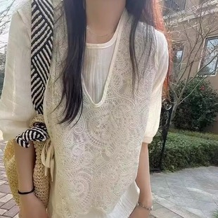 蕾絲馬甲假兩件雪紡衫 減齡氣質(zhì)女裝 2025夏季 女推薦 薄小衫 韓國正版