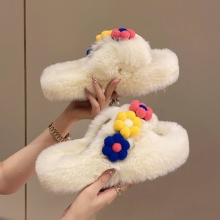 秋冬花朵家居創意棉拖鞋 2025新品 鞋 韓版 厚底毛毛拖可愛女外穿時尚