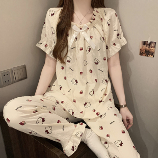 睡衣女可愛卡通甜美花邊少女可外穿家居服套裝 長褲 云朵棉短袖 夏季
