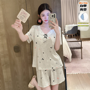 家居服套裝 短褲 莫代爾自帶胸墊短袖 少女風甜美蕾絲花邊睡衣女夏季