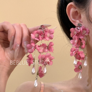 春暖花開 耳環夸張度假風耳飾品 夏日粉色夸張花朵耳釘女2025新款
