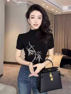 百搭半高領短袖 外貿折扣女裝 黑色洋氣修身 春夏季 t恤女潮 清倉特價