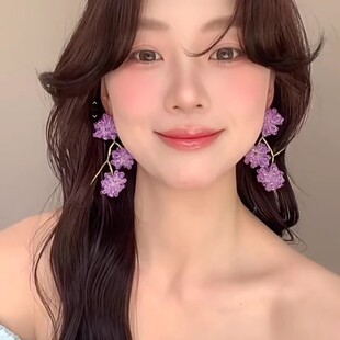 小紅書博主法式 浪漫紫水晶花朵串珠耳環女小眾設計氣質度假風耳飾