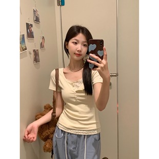 顯瘦正肩百搭上衣 T恤女夏新款 大碼 胖mm甜辣妹假兩件蕾絲花邊短袖