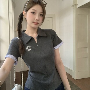 假兩件半拉鏈領花邊短袖 新款 POLO學院風女 夏季 MM謝謝家2025年大碼