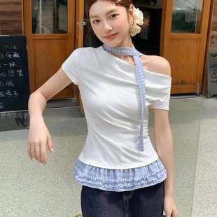 收腰短款 修身 一字肩上衣 t恤女夏2025新款 斜領露肩假兩件花邊短袖