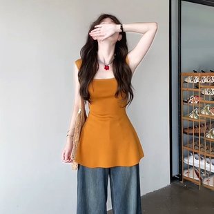 甜辣設計感露腰無袖 顯瘦美式 針織女夏 橘色純欲風氣質修身 現貨