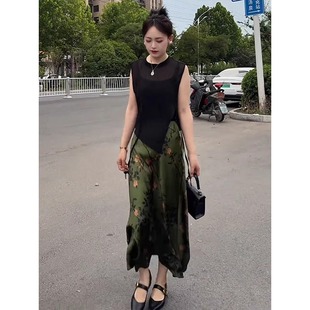 顯瘦a字裙時尚 新款 優雅中長裙 印花半身裙女夏季 墨綠色國風新中式