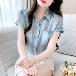 寬松雪紡襯衣百搭短袖 韓版 2025新款 設計感夏季 上衣 單排扣女士襯衫