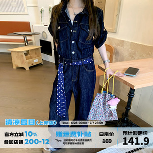 連身褲 橘子樹在哪兒港風復古牛仔連體褲 女夏休閑闊腿顯瘦拖地工裝