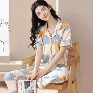 睡衣女夏季 女休閑翻領媽媽家居服套裝 短袖 100%純棉薄款 夏 長褲 新款