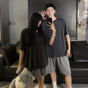 大碼 短袖 夏天男家居服 帶胸墊涼感純色簡約夏季 莫代爾情侶睡衣女款