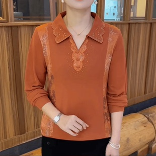上衣氣質減齡媽媽休閑顯瘦T恤小衫 秋季 拼接翻領燙鉆長袖 時尚 新款