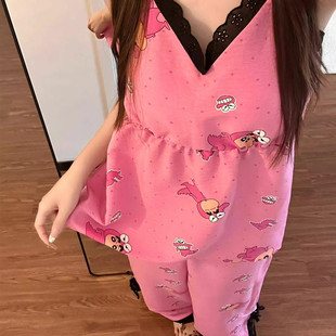 可愛卡通可外穿家居服套裝 純棉睡衣女夏季 帶胸墊甜美花邊吊帶長褲
