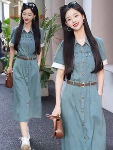 中長款 收腰顯瘦氣質薄款 A字長裙 高級感牛仔連衣裙女2025新款 正品