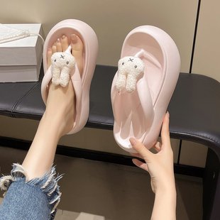 軟萌可愛乖巧減齡小兔夾板拖鞋 外穿厚底增高防滑輕便人字拖 女夏季