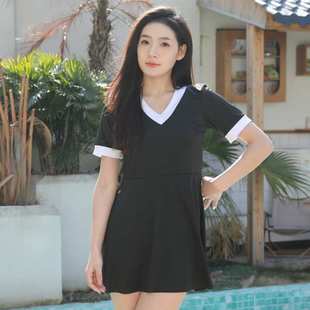 學(xué)生純色V領(lǐng)溫泉微胖大碼 泳衣女保守裙式 高腰遮肚顯瘦分體平角褲