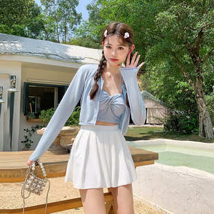 女 三件套保守顯瘦遮肚學(xué)生泡溫泉泳裝 2024新款 游泳衣夏女分體裙式