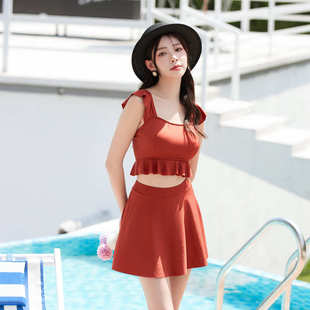 2025新款 平角泳衣女夏學(xué)院風(fēng)小清新保守顯瘦游泳衣 分體兩件套裙式