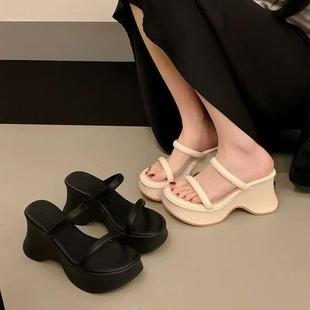 高級感一字拖鞋 細(xì)跟高跟涼鞋 女2025夏季 女鞋 外穿涼拖 新款 黑色法式