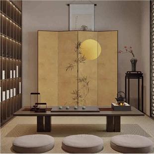 新中式 簡(jiǎn)約禪意屏風(fēng)貼畫會(huì)所茶館折疊移動(dòng)茶室竹林月亮折屏貼紙