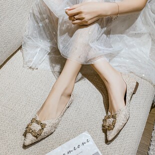 大 D尖頭方扣水鉆綢緞平底女鞋 韓版 小眾設計晚晚溫柔仙女淺口單鞋