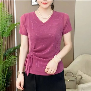 設計感純色燙鉆V領小衫 秋季 氣質百搭顯瘦D系繩款 彈力網紗長袖 新款