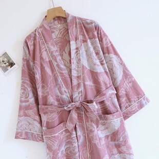 新款 浴衣汗蒸服 色織提花睡衣女春秋u夏睡袍紗布和服浴袍中長款