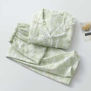 可外穿 N家居睡眠服薄款 國(guó)風(fēng)花邊睡衣女生紗布清新綠色長(zhǎng)袖 長(zhǎng)褲