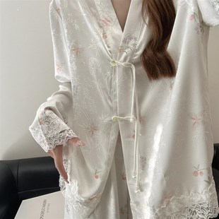 長褲 高級O感家居服長袖 套 國風(fēng)蕾絲花邊睡衣女冰絲春秋夏款 新中式