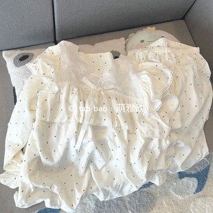 P套裝 長褲 甜美花邊家居 云朵棉長袖 彩色波點公主風睡衣女春秋夏季