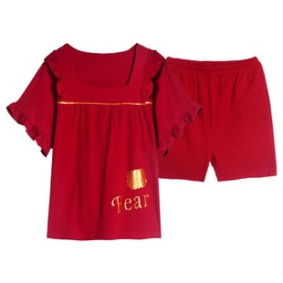 夏款 睡衣女款 紅色女士套裝 帶h胸墊2025新款 熱情家居服夏天 夏季