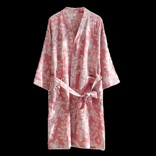 汗蒸家居浴袍復(fù)古大碼 純棉日系和服睡袍女春夏秋季 色織紗布中長款