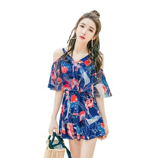 遮肚顯瘦超仙淑女范沙灘泳衣女 小清新如廁y款 分體裙式 印花版