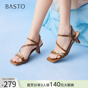 女涼鞋 百思圖2025夏季 氣質通勤一字帶粗跟高跟鞋 時尚 C6602BL5 新款