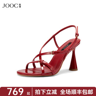 新款 2025夏季 JOOC玖詩紅色細跟高跟鞋 一字帶淺口涼鞋 明媚千金